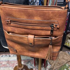 Brown Leather Crossbody Bag with Tassel